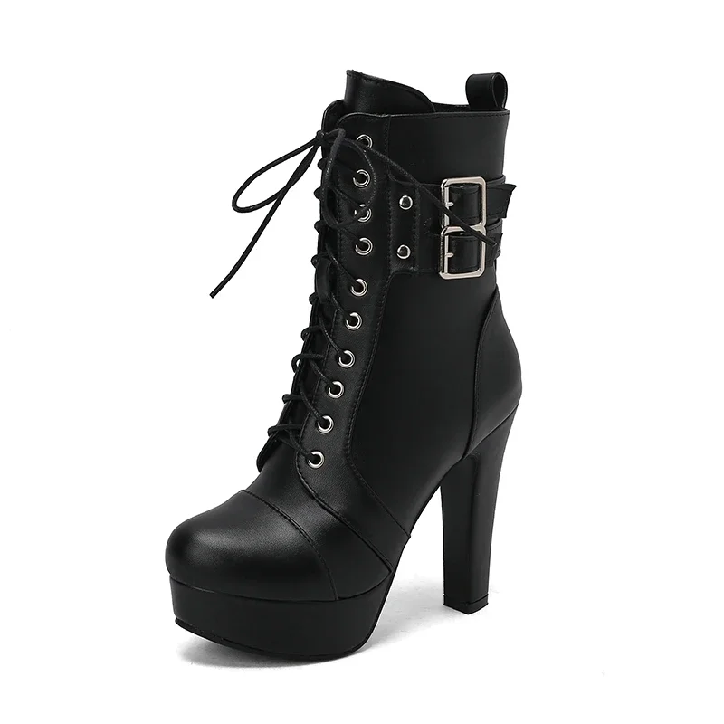 

Lace-up Cross-tied Round Toe Thick High Heels Women Shoes Winter Botin Platform Navy Yellow Black Gothic Cowboy Motorcycle Boots