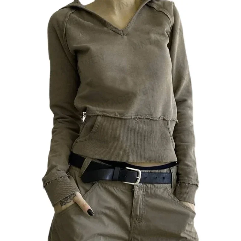 American-Style Short Gray Khaki Distressed Hooded Sweater Women's Fashionable Ins Long-Sleeved Top