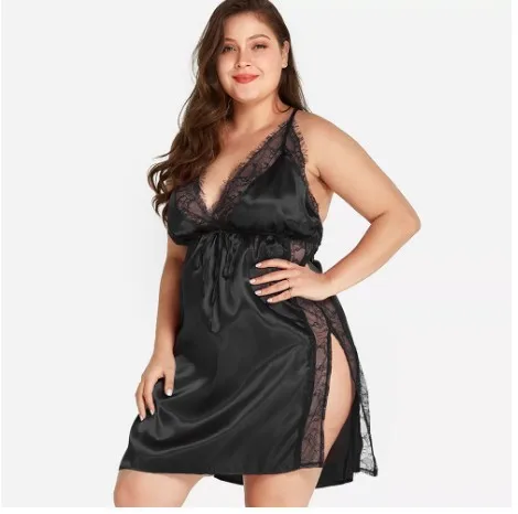 

Sexy Nighties Lingerie Lace Inserted Strappy Nightdress Set for Plus Size Girls Sexy Women's Pajamas with Panties 2-Piece Set