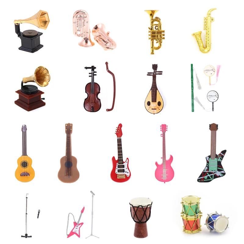 1:12 Dollhouse Miniature Music Electric Guitar Dollhouse Violin Drum Mini phonograph Microphone for Kids Musical Toy House Decor