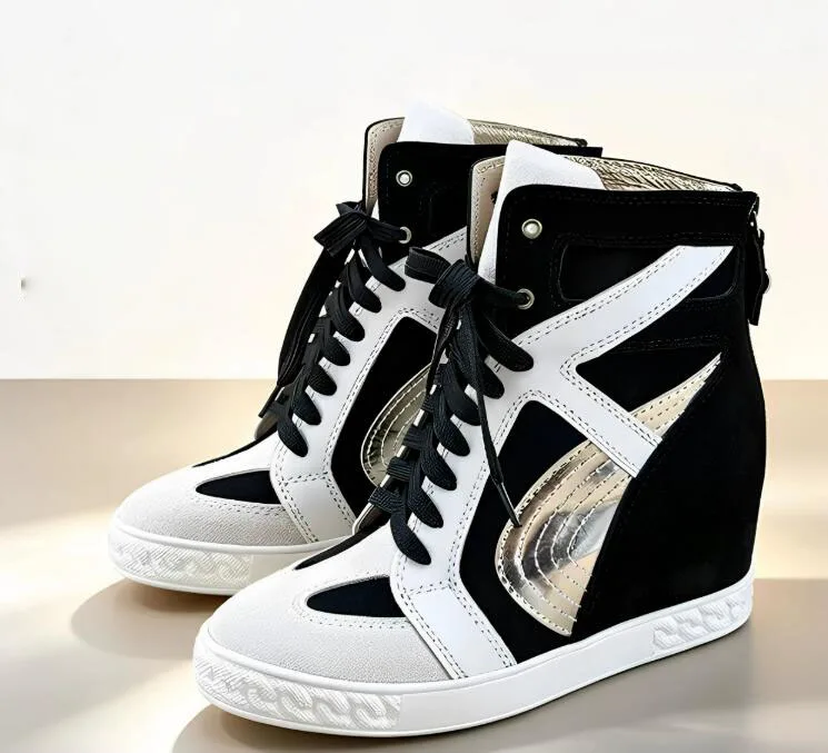 Roman Contrast Leather Suede Patchwork Inner Wedge Ankle Boots 8Cm Height Increased Thick Sole Lace-Up Mixed Color Shoes