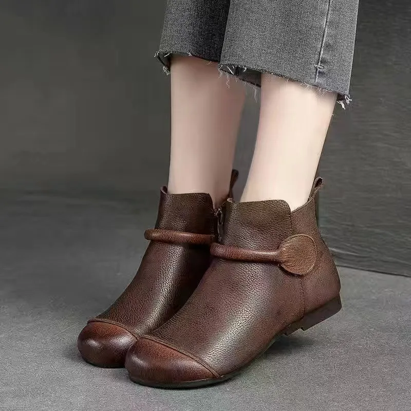 Retro Women Short Ankle Boots Autumn Winter Faux Cow Leather Slip-on Shoes Handmade Round Toe Light Weight Flat Booties
