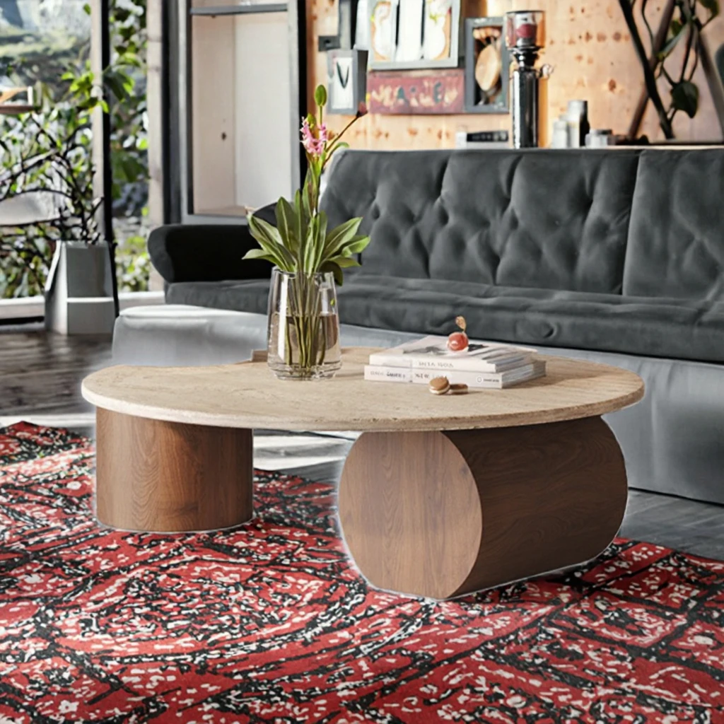 Wooden frame stone top round coffee table set