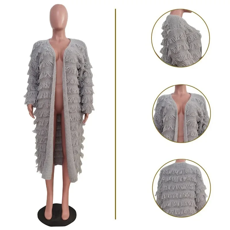 Knitted Tassel Long Sweater Cardigan Women Autumn Winter Solid Long Sleeve Loose Casual All Match Jacket Coat Trends Streetwear