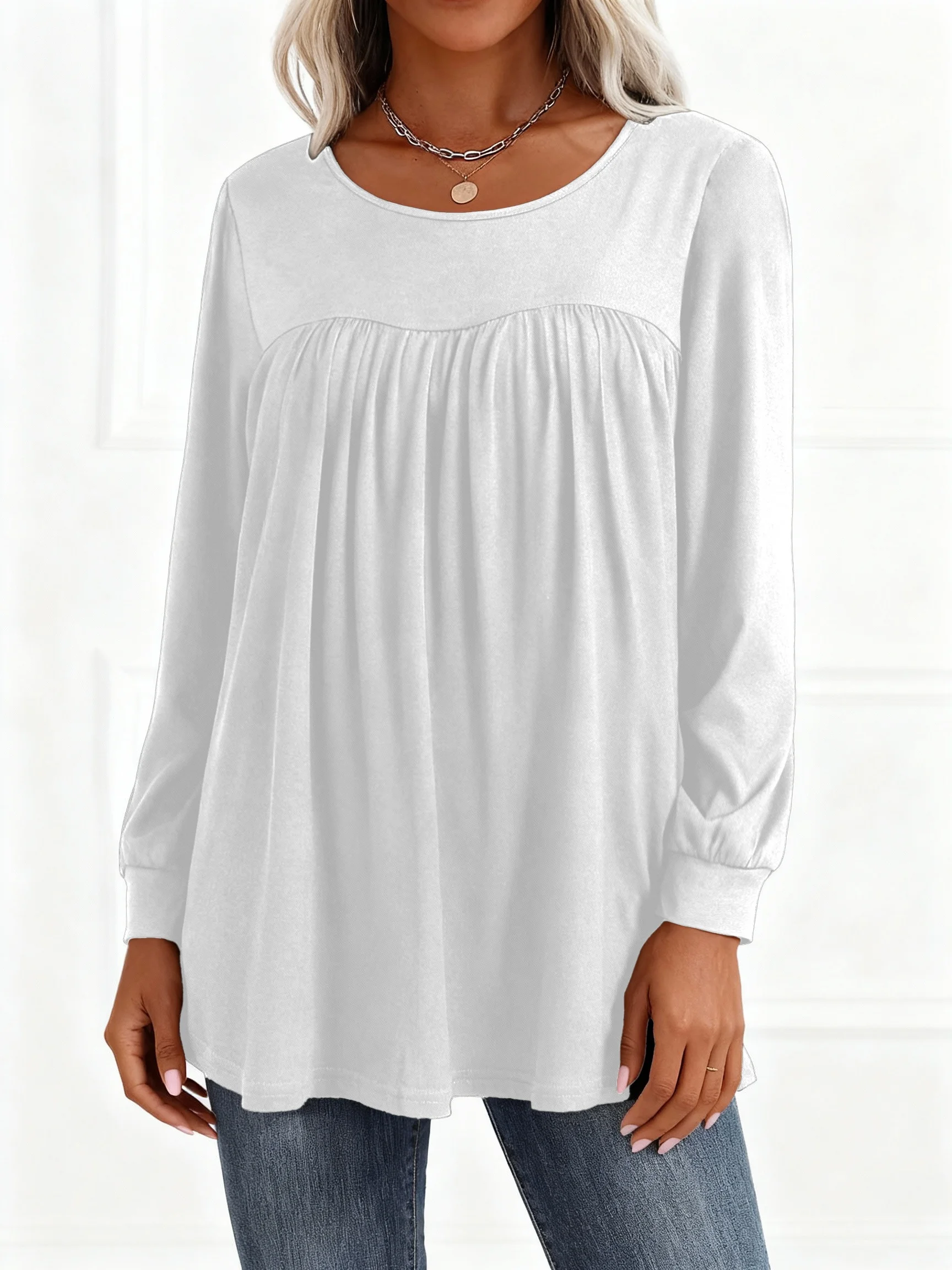 Plus Size Damen Langarm-Plissee-Oberteil für Stilvollen Komfort – Detail 12