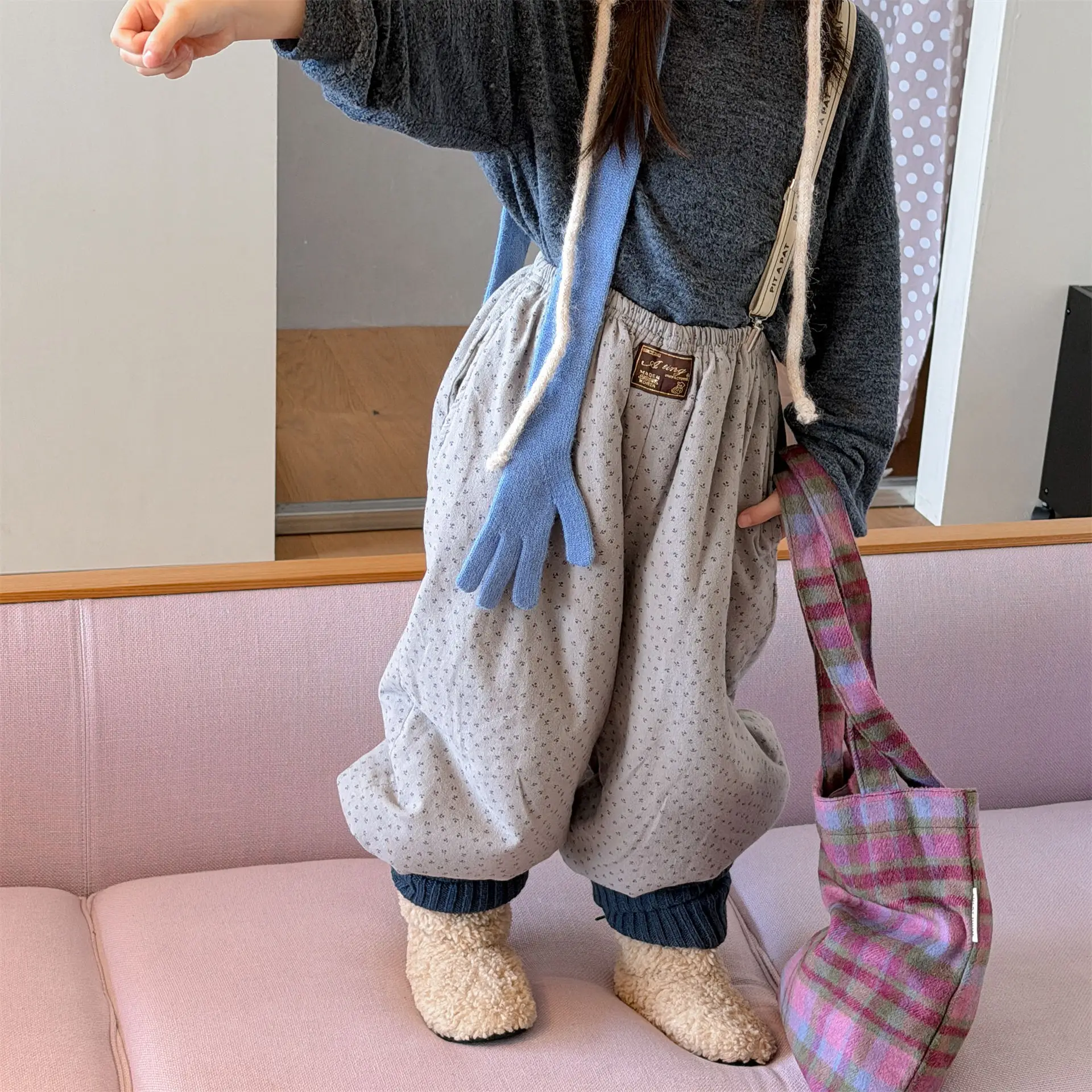 2026 Winter New Children Plus Velvet Thick Casual Pants Cotton Boys Fleece Warm Pants Girls Floral Trousers Kids Clothes