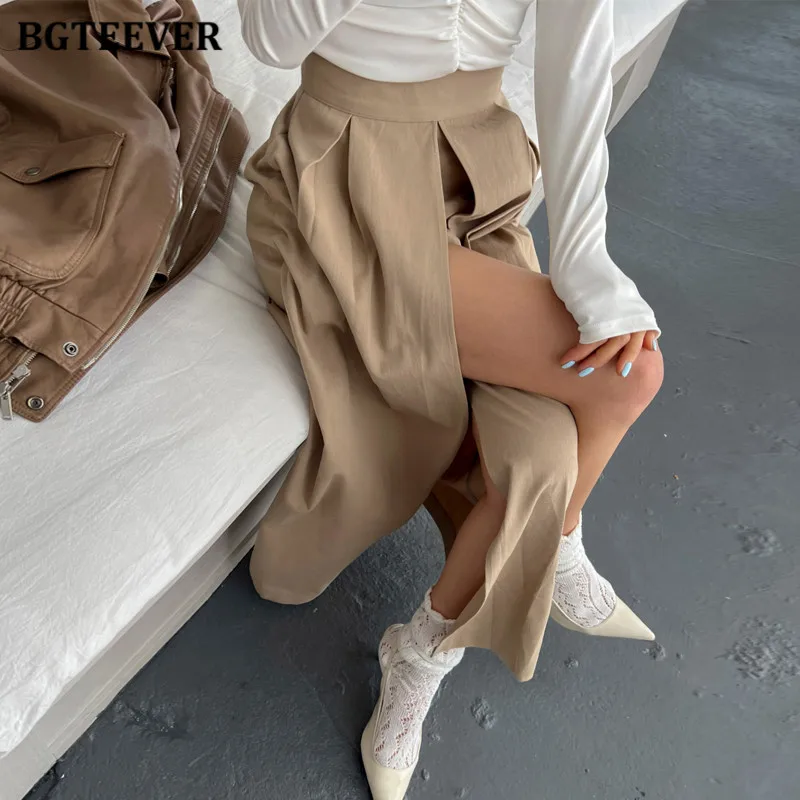 BGTEEVER Stylish High Waist Ladies Split Long Skirts Spring Summer Casual Loose Women A-line Skirts