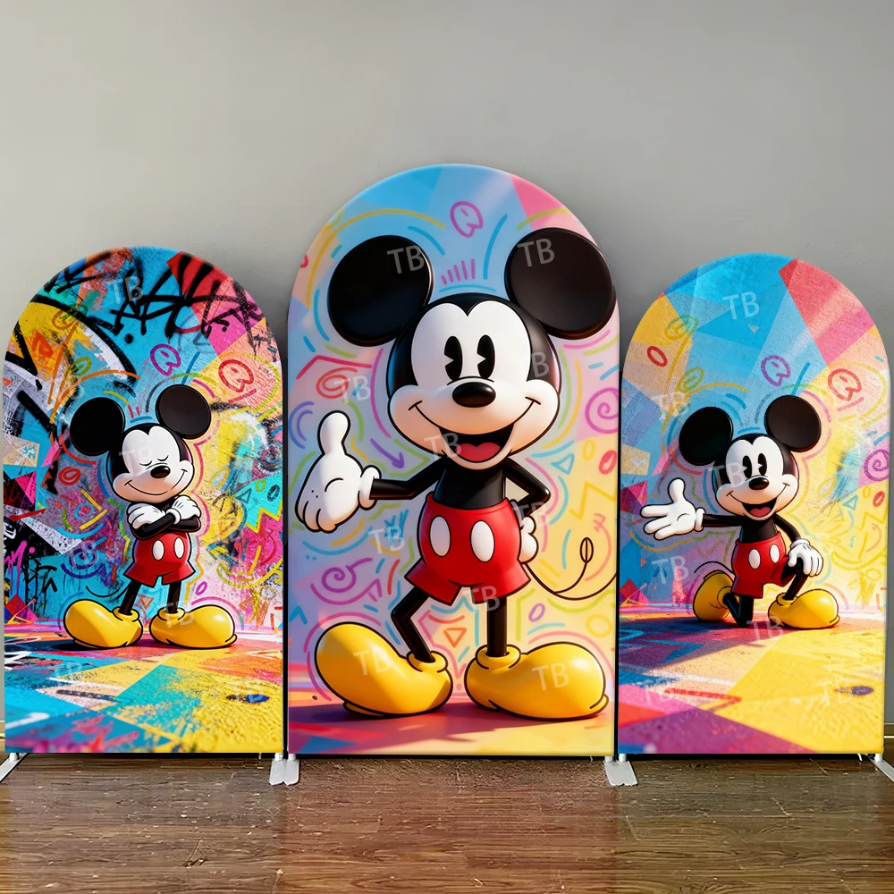 

Disney Mickey Mouse Graffiti Style Arch Backdrop Cover Kids Party Decoration Photo Booth Colorful Festive Background Supplies