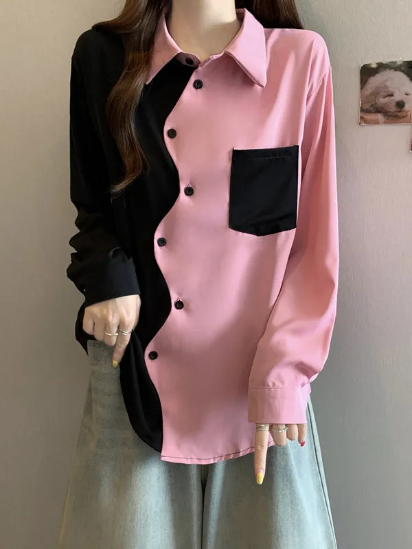 

Unique Color Blo Long Sve Chiffon irt Spring Loose Women's plus Size Faionable Collar Button up Casual Top