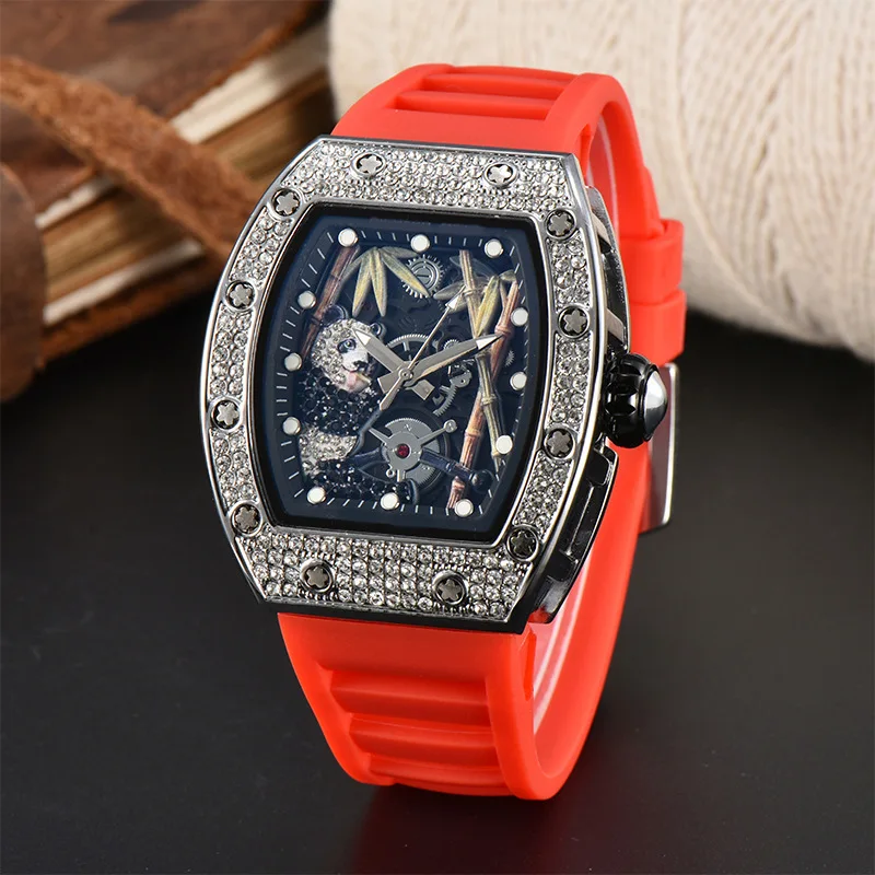 New Richard Rose Gold Diamond Panda Eating Bamboo Luxury Noble European luminous Waterproof Calendar Quartz Watch Wholesale