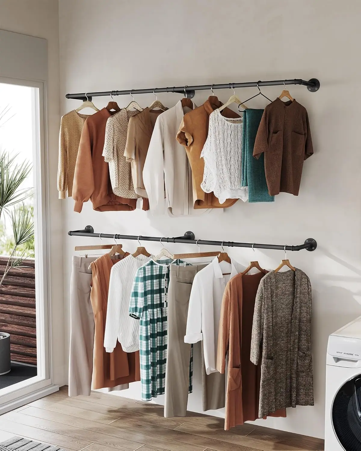 Clothes Rack, 65.7" Clothing Rack 2 Pack, Wall Mounted Heavy Duty Space Saving Garment Rack for Closet Storage, Black, 3 Base