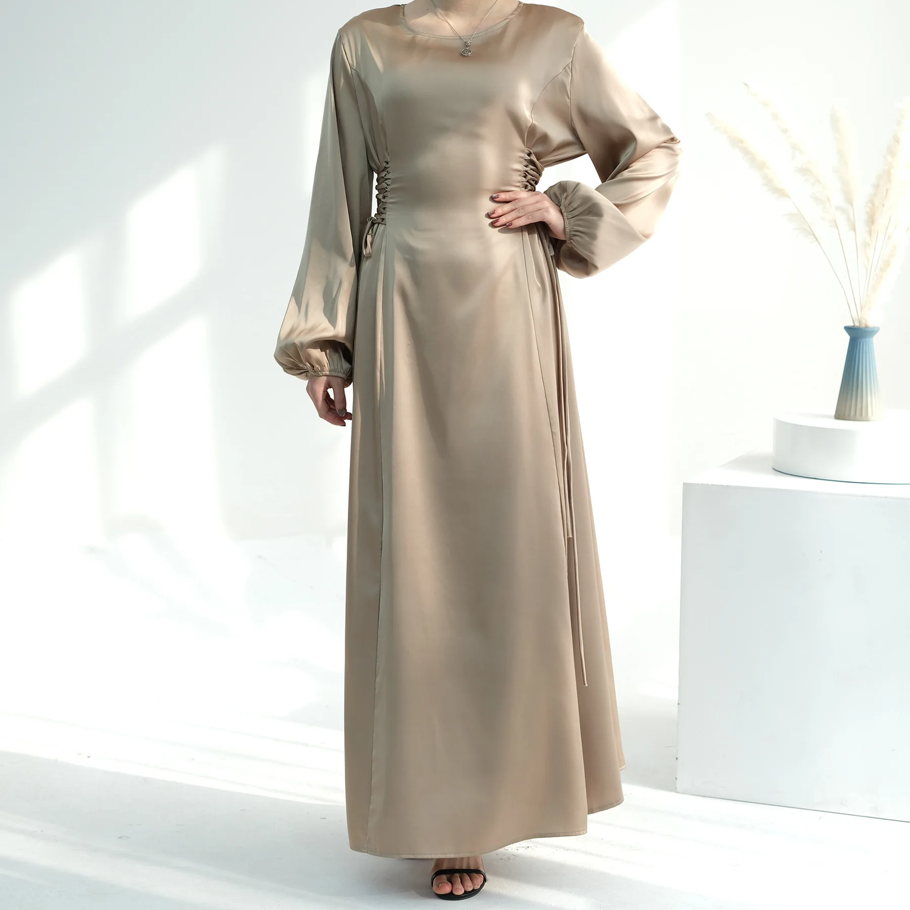 2024 New Satin Dress for Muslim Women Solid Color High Neck Lace Up Elegant Female Dresses Islam Arabic Party Clothing