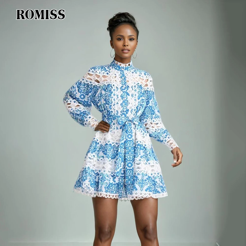 

ROMISS Casual Printing Dresses For Women Stand Collar Lantern Sleeve High Waist Patchwork Lace Up Dress Female Fashion New