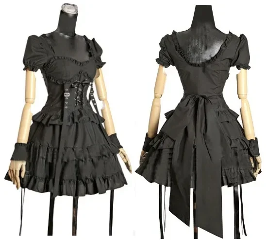 

Retro Gothic Steampunk Lolita Bandage Tight Waist Bow Strap Short Sleeve Backless Ball Gown Dress Black Cute Girls Costume dress