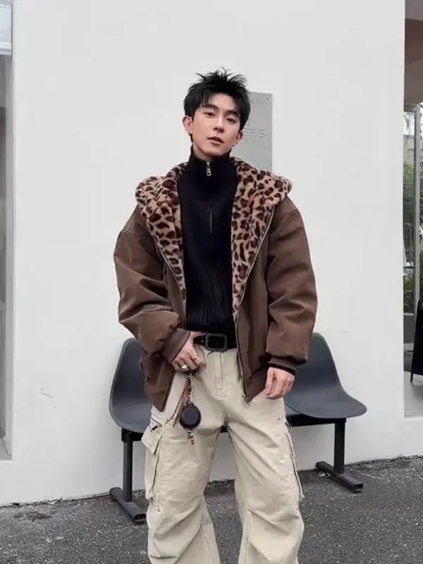 

Double-Sided Wear American Sle Thiened Fce Lined Hooded Leopard Print Jaet Men Women Cotton Coat Winter Warm Coat