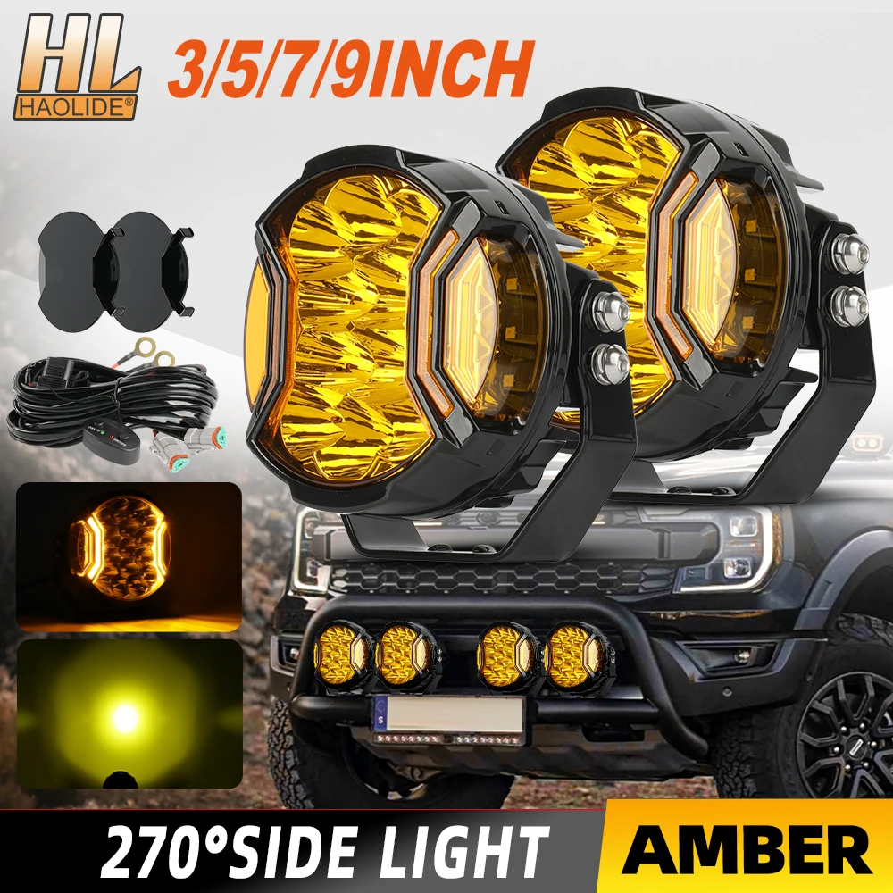 HL 5/7 Inch LED Work Light 270° Side Shooter Amber White DRL Spot Beam IP68 Driving Work Lamp For Truck SUV ATV off-road use