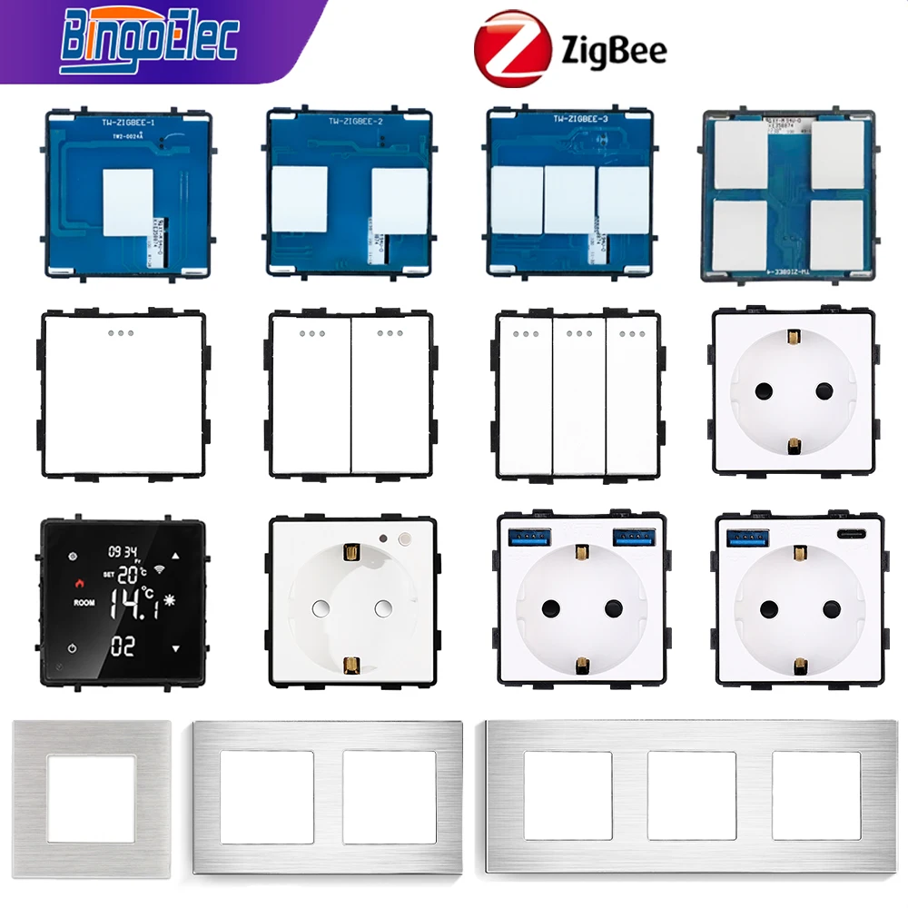 Bingoelec ZigBee Thermostat Switches Sockets Function Keys Tuya Smart Life Alexa DIY Part Aluminum Frame Free Combination