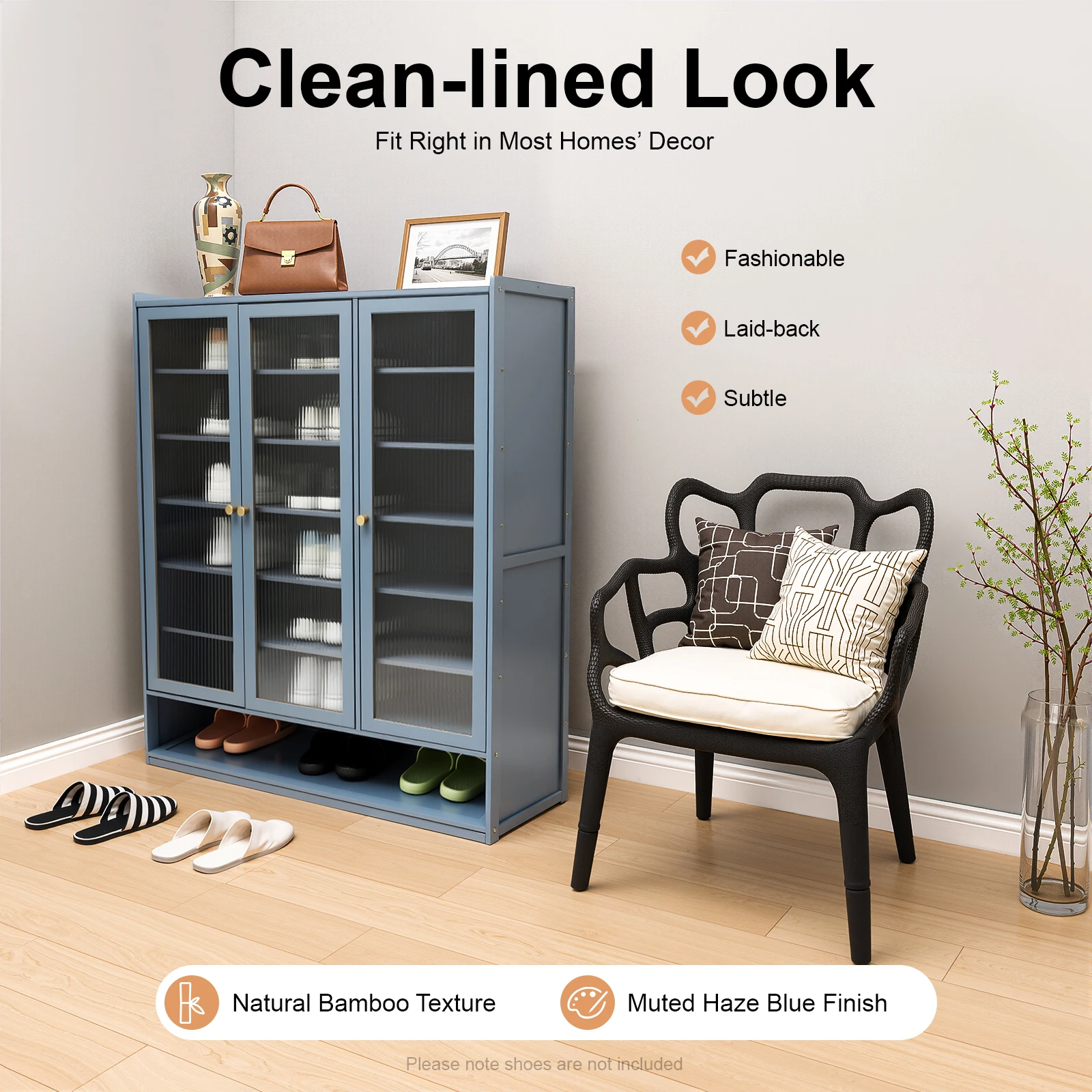 

Shoe Cabinet 8 Tier Bamboo Shoe Rack Freestanding Shoe Organiazer with 3 Translucent Door for Entryway Hallway Closet