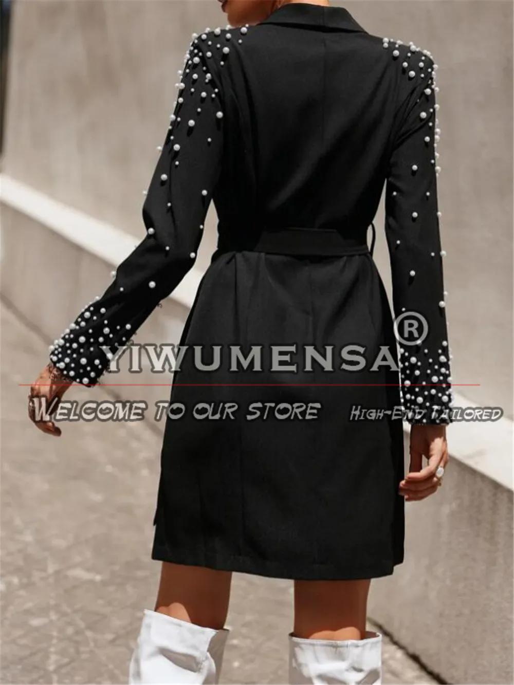 Black Women Suit Jackets Custom Made White Pearls Beaded Blazer Female Fashion Blazer Outwear Party Prom Coat Long Fit Slim