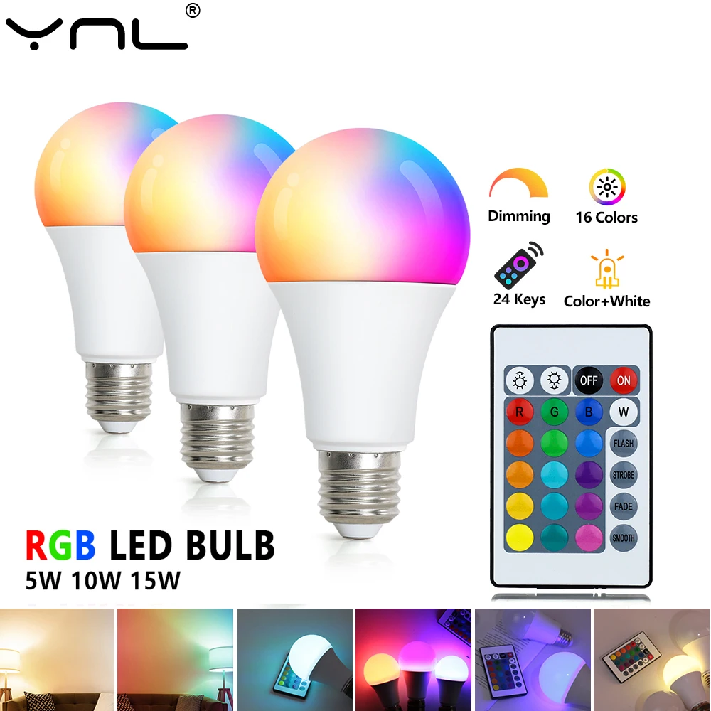 

220V E27 LED RGB Lamps 5W 10W 15W IR Remote Control LED Light Bulb Colorful Smart Spotlight LED RGB Lamp Party Home Decora Bulb