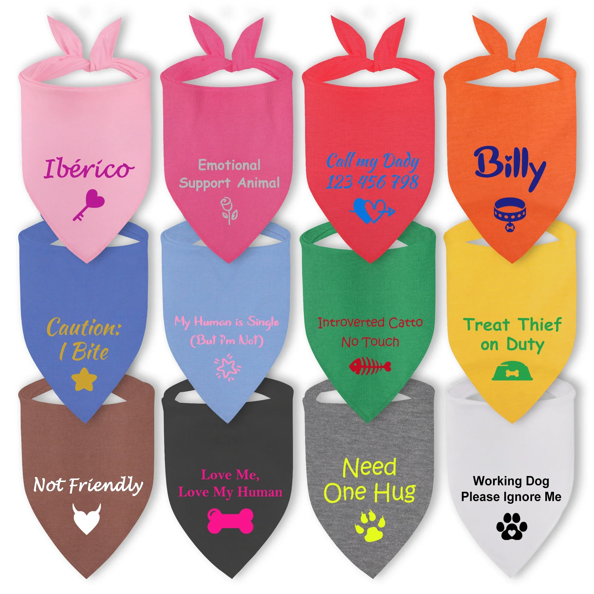 Customizable Dog Cat Bandana Soft Washable Personalized Text Pattern Scarf 2 Sizes Pet Accessories