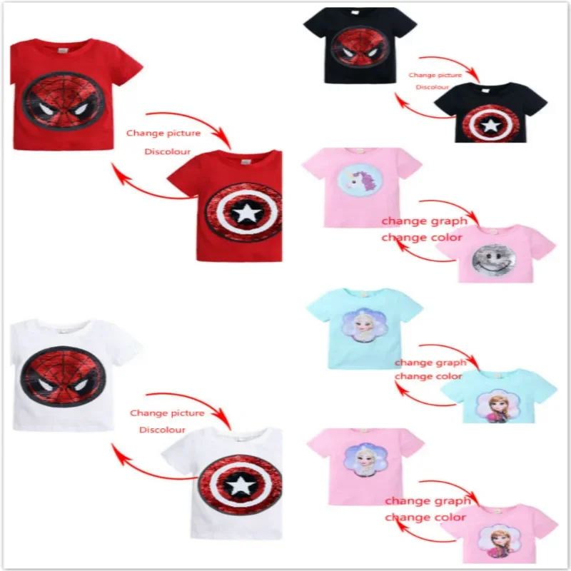 

Children Baby Boy Girl Short Sleeve T-shirt Magic Sequin Reversible SuperHero Captain America Spiderman Anna Kid Clothes Top Tee