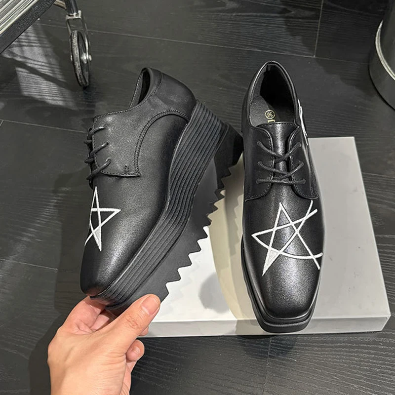 

Heightening Oxford Woman Shoes Lace Up Wedges Platform Shoes Casual Shallow Square Toe Pumps Leather Loafers Black Zapatos Mujer