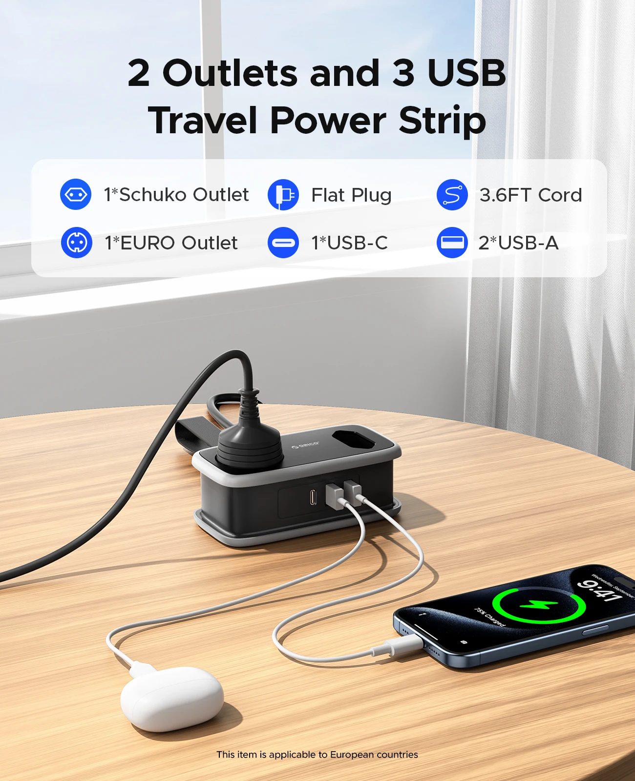 ORICO Travel Power Strip Universal Outlets EU Plug Portable Charger Adapter  with USB A and C Ports Compact Design