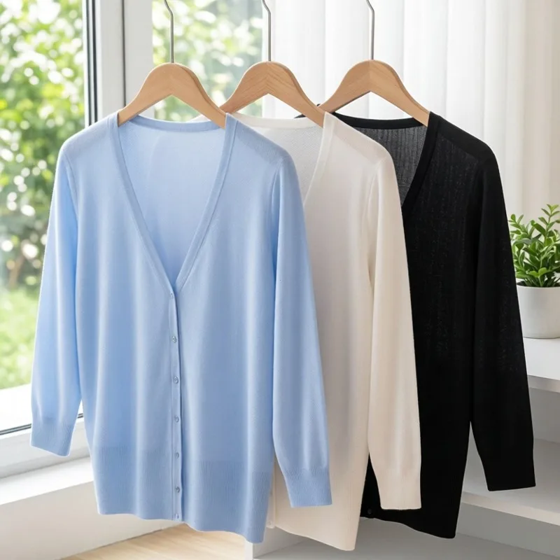 Summer Cardigan Women Cropped Korean Fashion Style Female Black Women's Coat Clothing V-neck Ladies Sweater Outerwear Cute Basic