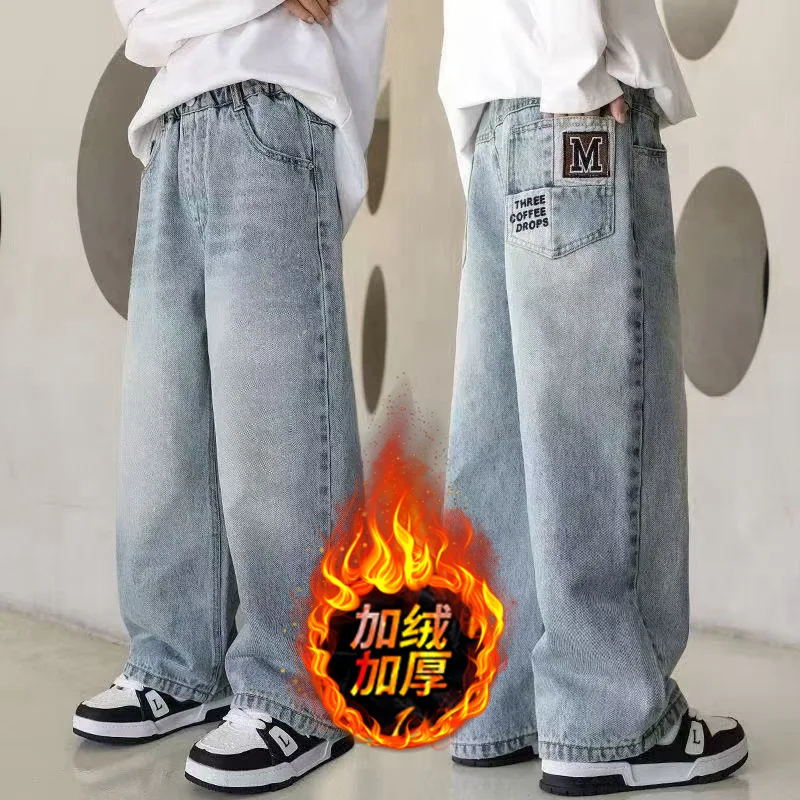 Jungen Winter Warme Jeans Neue Stil Teenager Kinder Trendy Marke Lose Gerade Bein Fleece Denim Hosen Kinder Lose Hosen