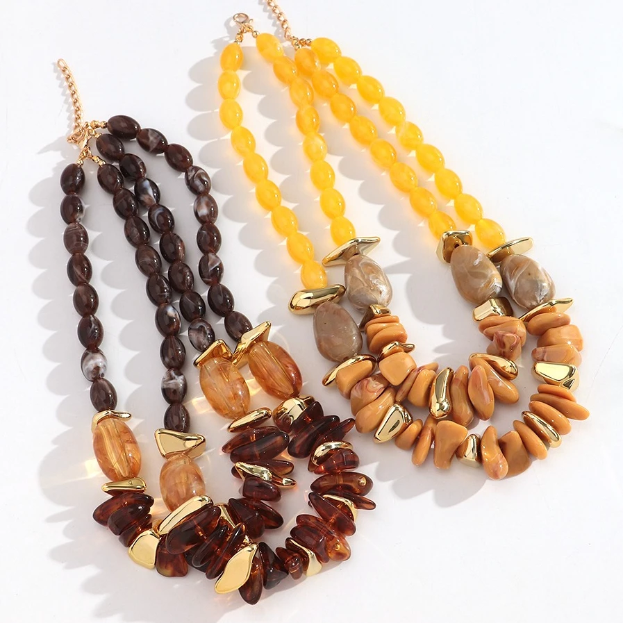 Vintage Acrylic Irregular Beaded Double-Layer Necklaces for Women Trendy Handmade Imitation Stone Chain Choker Punk Jewelry Gift