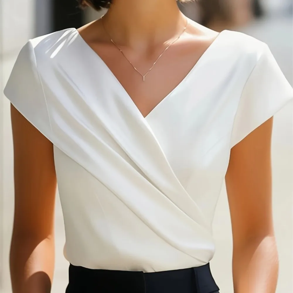 

Cross V-neck Short-sleeved T-shirt Summer Women's Fashion Pleated Casual Solid Color Sexy Slim Top Roupas Feminina Ropa Mujer