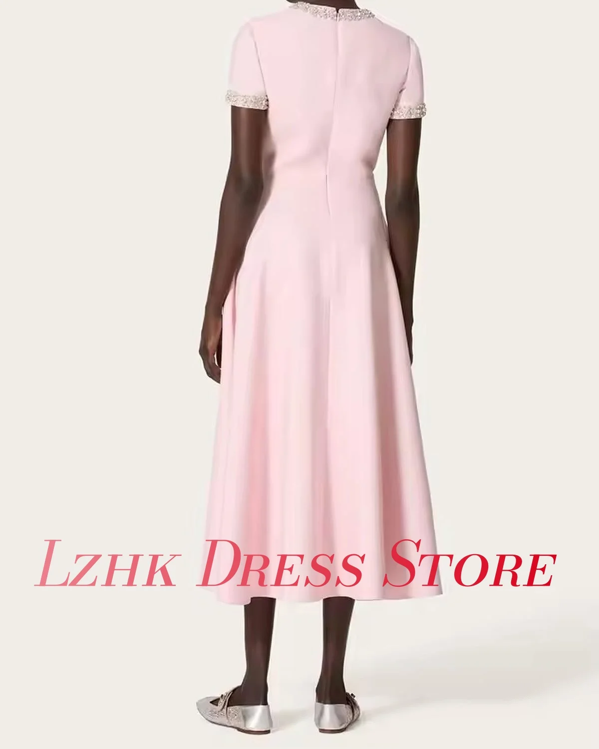 Personalizado de luxo cristal 3d arco jérsei a linha vestido de noite temperamento mangas curtas o pescoço chá comprimento vestidos de celebridades