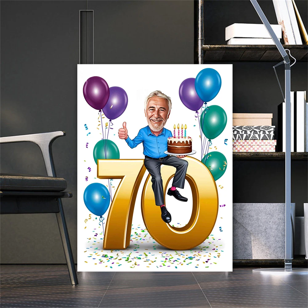 

Custom Man 70th Birthday Poster Golden Number Colorful Balloon 60th Anniversary Prints Home Bedroom Decoration Birthday Canvas