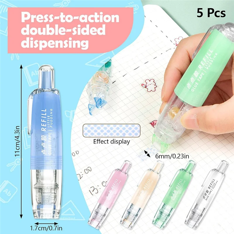 5 عبوات من 5 قطع من عداء الشريط المزدوج الجوانب القابل للسحب، أسطوانة شريط لاصق قابلة لإعادة الملء 0.23 بوصة × 16.40 قدم، أسطوانة شريط لاصق Ea