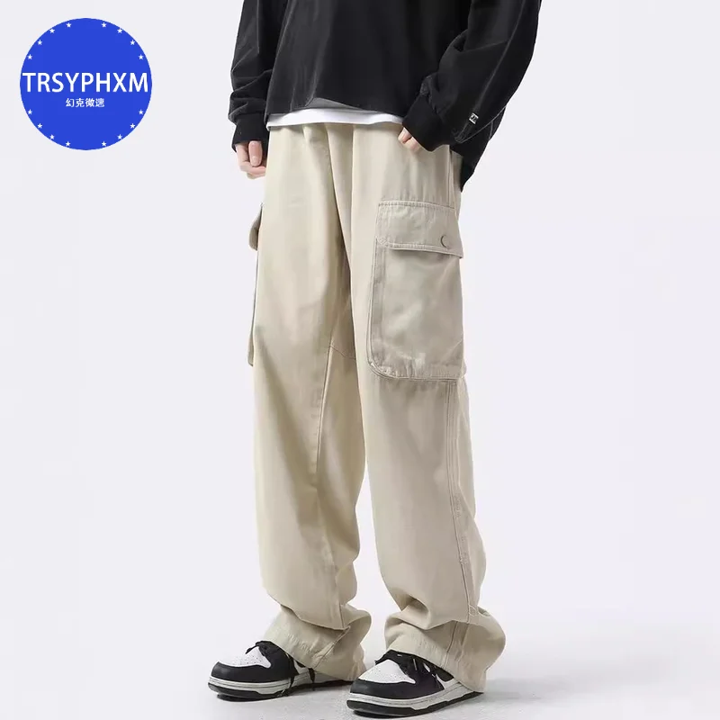 TRSYPHXM-pantalones de trabajo blancos para hombre, pantalón de ocio de pierna ancha, con múltiples bolsillos, recto, para Calle alta, novedad de verano, 2024