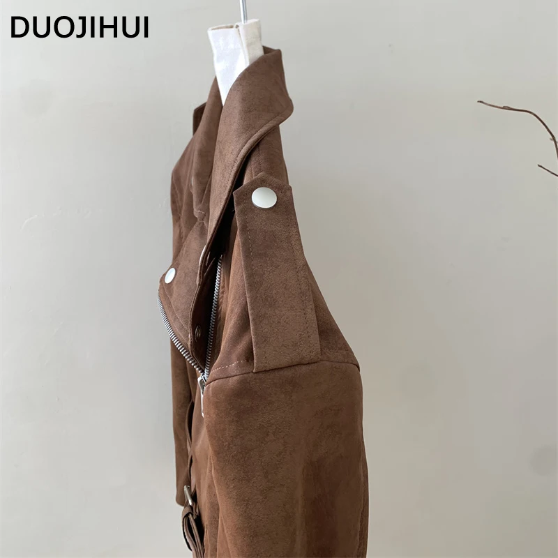 DUOJIHUI Brown Vintage PU Chic Belt Women Jackets American Loose Simple Casual Fashion Zipper Solid Color Winter Female Jackets