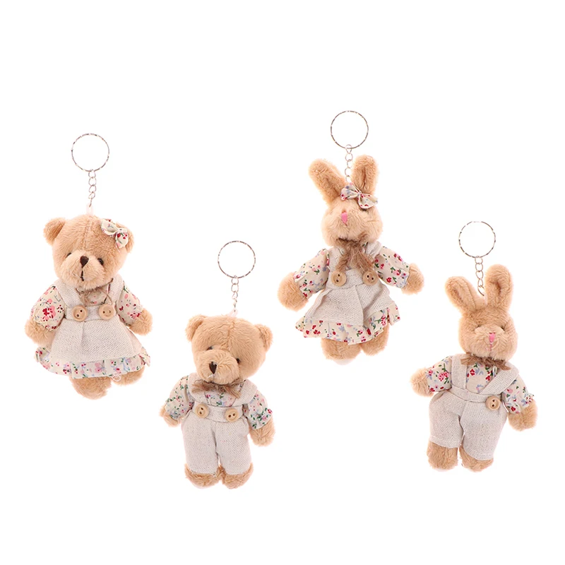 Bear Rabbits Stuffed Rabbit Bunny Cute Girls Country Style Linen Bear Rabbit Keychain Women Couple Bag Pendant Toy