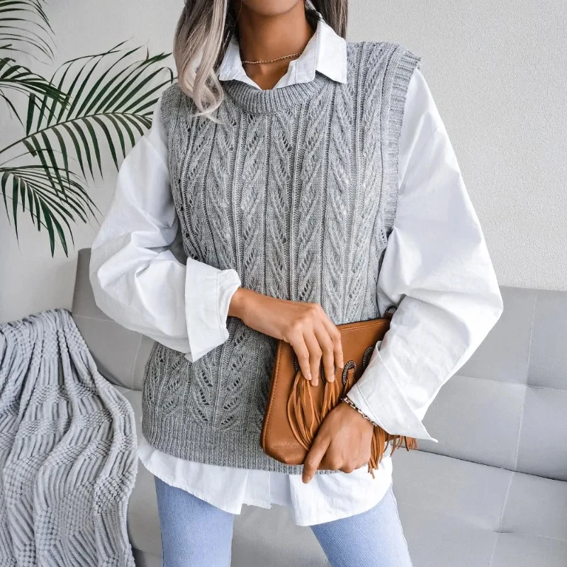 Women Knitted Vest Sweater Sleeveless Tops Hollow Leaf Pullover Sweater Casual Autumn Winter Round Neck Women Vest Solid 18139