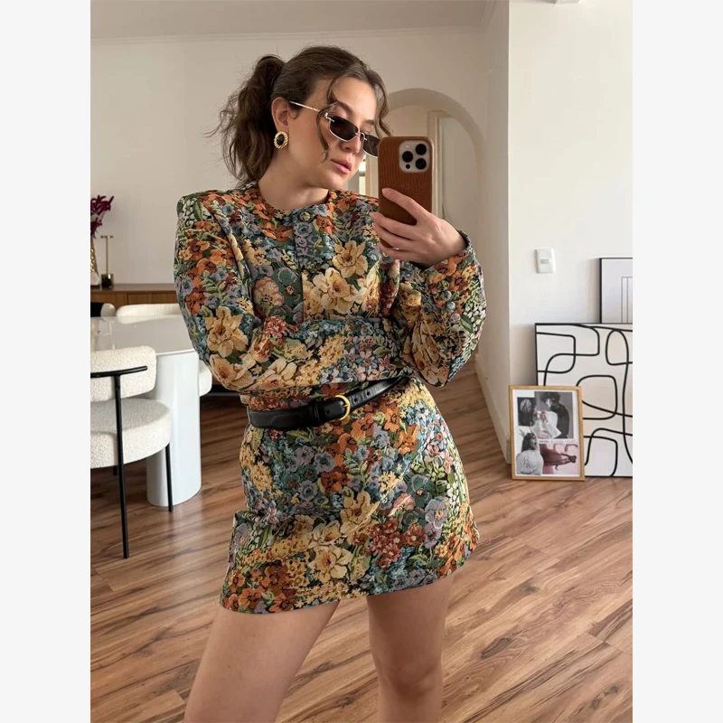 Vintage Print Long Sleeve Blouse Sets Chic Round Neck Button Top Mini Skirt Two Piece Sets2026 Autumn Casual Date Street Outfits