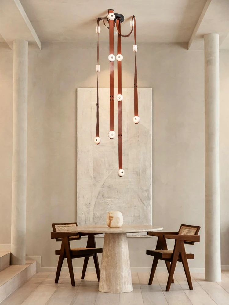 

DIY Brown Leather Strap Marble Series Dimmable LED High Ceiling Chandelier Suspension Luminaire Lampen For Foyer Dinning Room