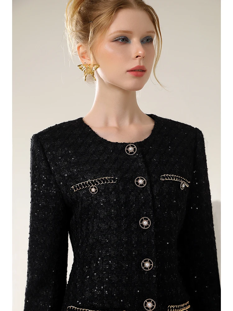 High Quality Designer Niche Black Elegant Woolen Dress Women Autumn and Winter New High Waist Back Velvet Bow Tweed Coat Jacket