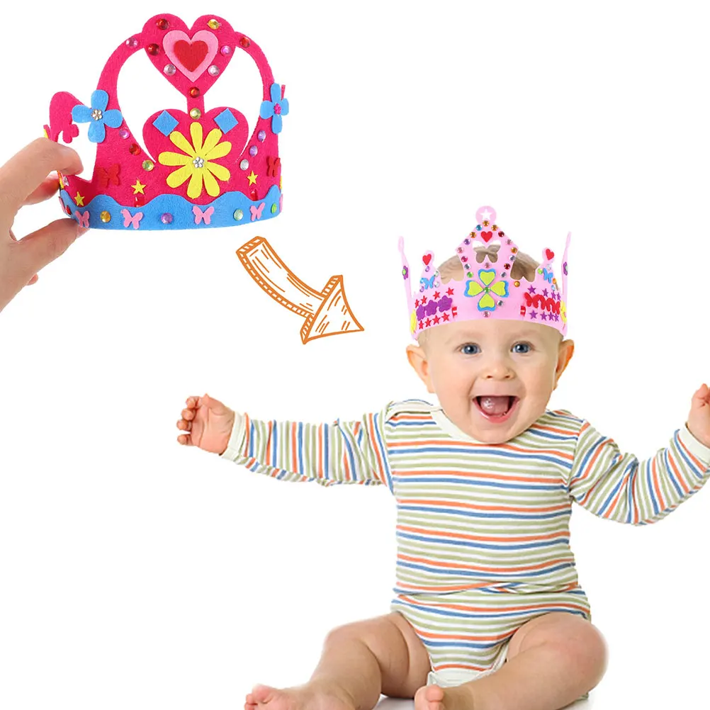 

6 Sets Kids Birthday Crown DIY Hat Props Non woven Materials Headb Kit Headdress Tiara Child Party Supplies Pink Yellow Purple