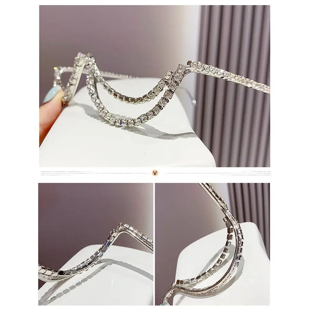 Crystal Moon-shaped Glasses Frame Double-Layer Lensless Decorative Metal Eyelasses Frame Gold Silver Street Style Shades