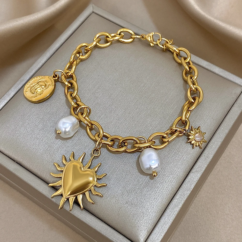 Pulsera chapada en oro con dijes de corazón de sol para mujer, joyería, regalos, pulseras gruesas con borlas de perlas Sunburst de acero inoxidable resistente al agua