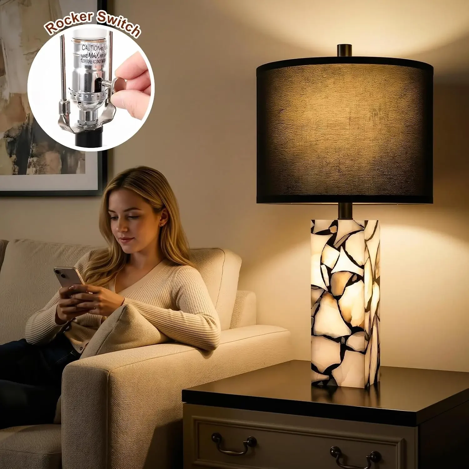 23" Alabaster Table Lamps Set of 2 with Night Light, Rotary Switch, Black Linen Shade, Bedside Lamp for Living Room, Bulb Included view 4