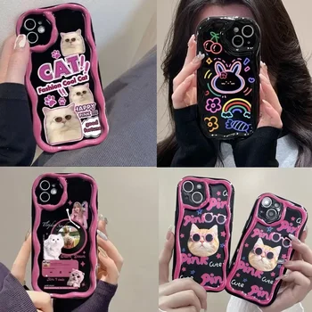 재미있는 고양이 케이스, 샤오미 POCO X6 X3 X5 M6 ProCouque Redmi 12 12C 9C 9A 9 13C Note 12 4G 11 10 13 Pro 12S Curly Edge 크림 커버