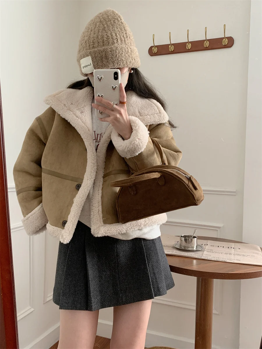 

OONA50 Женская шуба Jaet Biker Sle Thi Warm Lamb Fur Suede Collar Zipper Closure Commute Faion Loose Fit Long S...