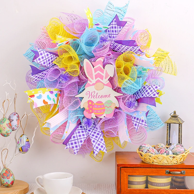 

Easter Dwarf Rabbit Wooden Sign Wreath Door Hanging Holiday Family Mesh Vine Decoration Props Ornaments