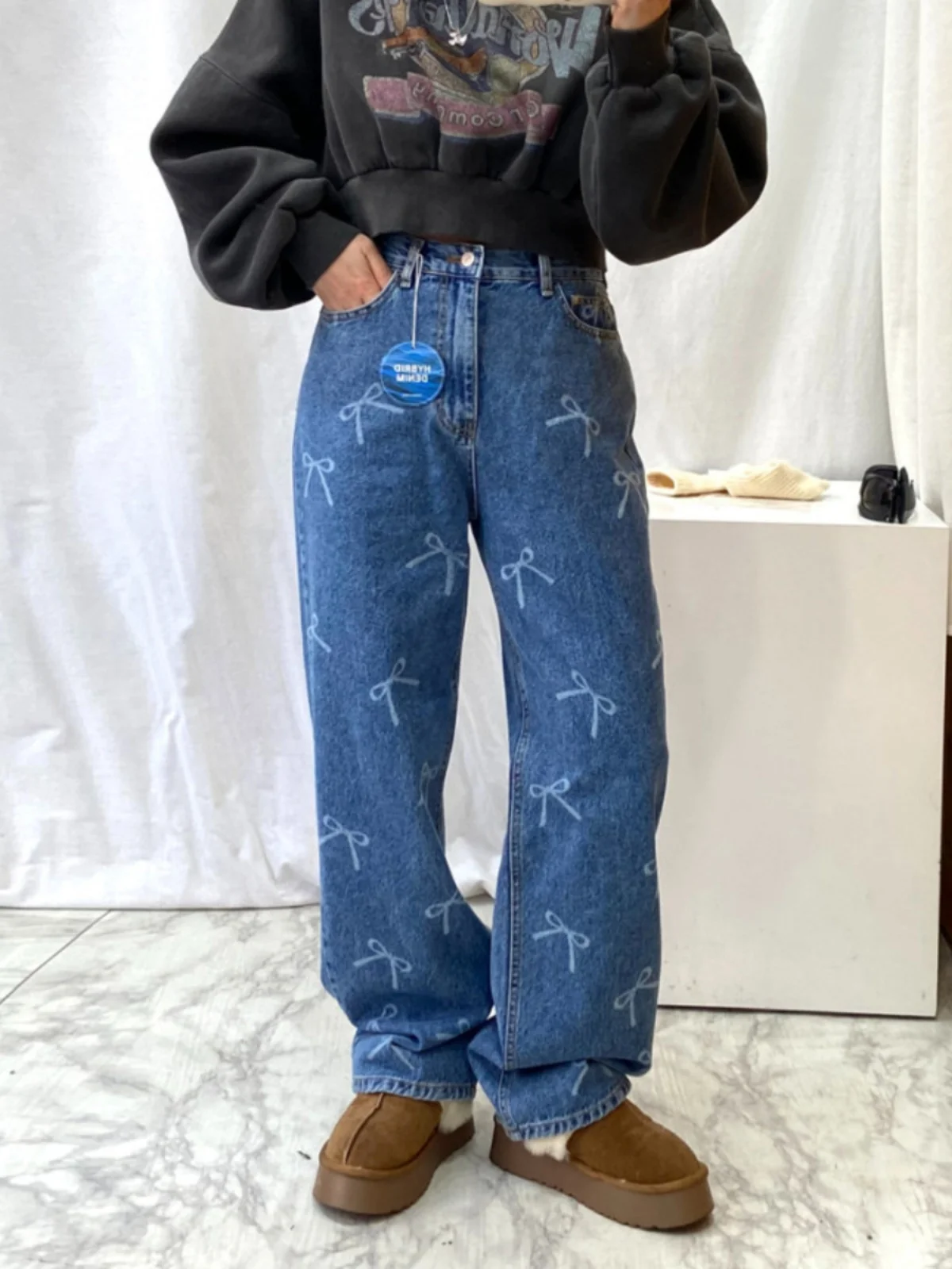 

Джинсовые джинсы с узлом и принтом, женские винтажные свободные прямые брюки с завышенной талией, повседневные длинные брюки Agel, модные